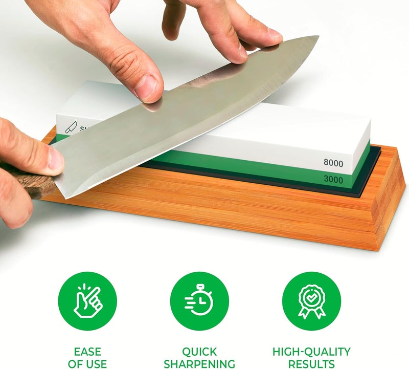 Sharp Pebble Premium Whetstone Knife Sharpening Stone 2 Side Grit 3000/8000 Wetstone Kit -Wetstone Kitchen Knife Sharpener with Non-Slip Bamboo Base & Flattening Stone - Image 3